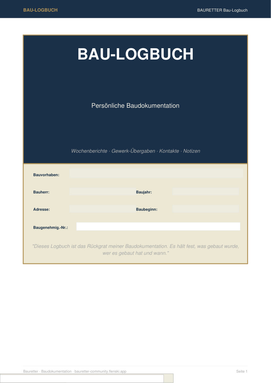 Deckblatt des BAURETTER Bau-Logbuchs